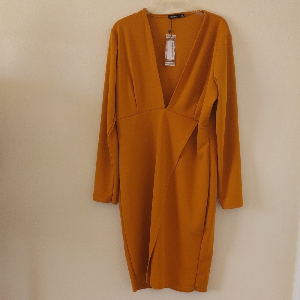 Boohoo Mustard Ribbed Bodycon Long Sleeve Dress Size 18
